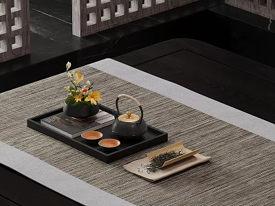 Traditional Tea Ceremony Setting With Teapot Cups Tray And Flower Arrangement 3d model
