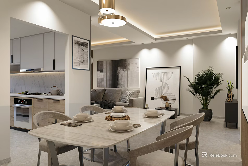 Modern Restaurant Dining Area With White Dining Table Chairs Hanging Chandelier Artwork And Green Plant 3d model 
