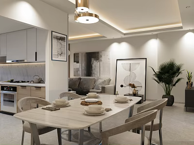 Modern Restaurant Dining Area With White Dining Table Chairs Hanging Chandelier Artwork And Green Plant 3d model