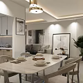 Modern Restaurant Dining Area With White Dining Table Chairs Hanging Chandelier Artwork And Green Plant