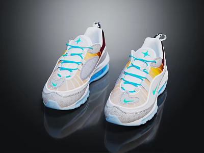 Modern Stylish Sneakers with Light Beige Upper Blue Laces Air Cushion Sole and Colorful Accents 3d model