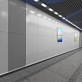 Long Modern Corridor With White Walls Blue Artworks Strip Lights And Gray Tiles