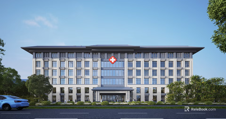 Modern Hospital Building Exterior With Red Cross Sign White Facade And Glass Entrance 3d model 