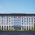 Modern Hospital Building Exterior With Red Cross Sign White Facade And Glass Entrance