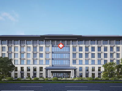 Modern Hospital Building Exterior With Red Cross Sign White Facade And Glass Entrance 3d model