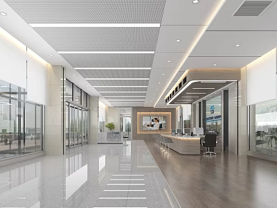 Modern Spacious Service Hall Interior With Counters Glass Doors And Plants 3d model