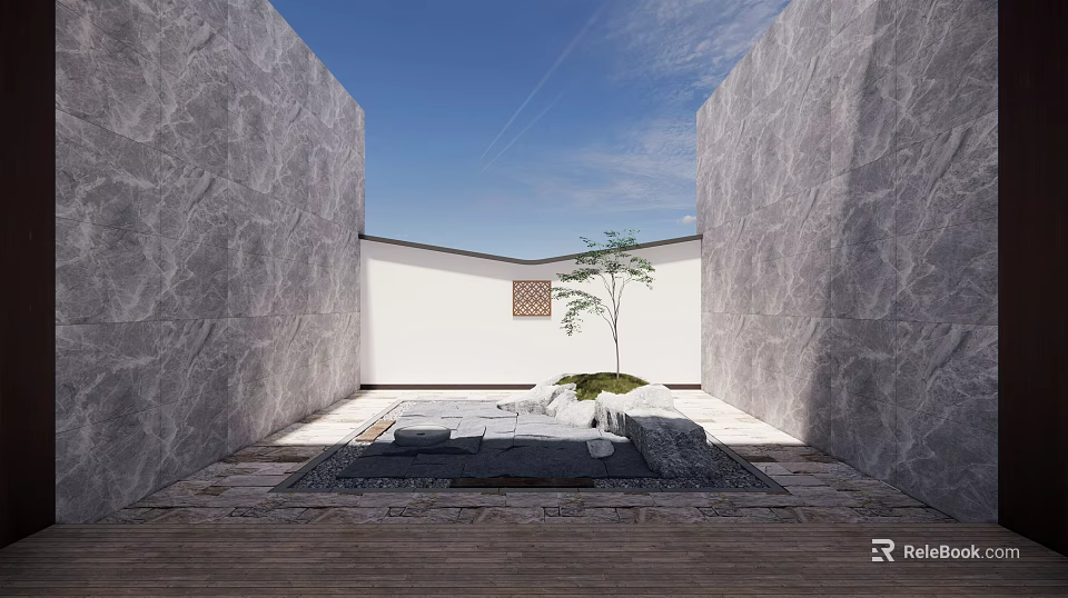 Courtyard Garden With Gray Stone Walls White Wall Stone Paving Water Feature And Small Tree 3d model 