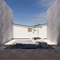 Courtyard Garden With Gray Stone Walls White Wall Stone Paving Water Feature And Small Tree