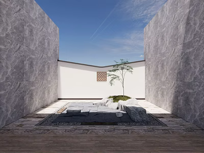 Courtyard Garden With Gray Stone Walls White Wall Stone Paving Water Feature And Small Tree 3d model
