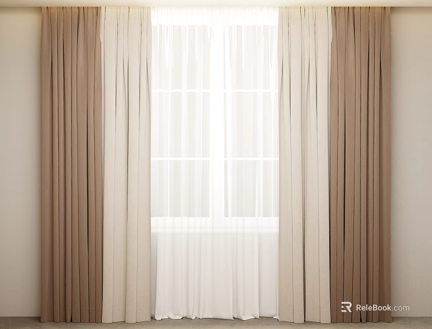 Modern Double Layer Curtains With Brown Panels And White Sheer For Window 3d model