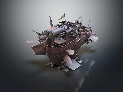 Detailed Steampunk Airship Warship Model With Mechanical Cannons Propellers And Vintage Flag 3d model