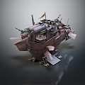 Detailed Steampunk Airship Warship Model With Mechanical Cannons Propellers And Vintage Flag