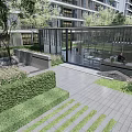 Residential Landscape with Modern Apartment Building Lush Trees Green Lawn and Recreational Space
