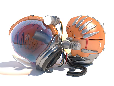 Futuristic Orange Silver Helmets With Transparent Visor Spiked Design And Connected Cables 3d model