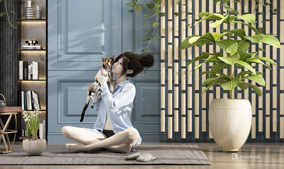 Woman Sitting On Yoga Mat Holding Cat With Blue Wall Wooden Screen And Green Plant 3d model 