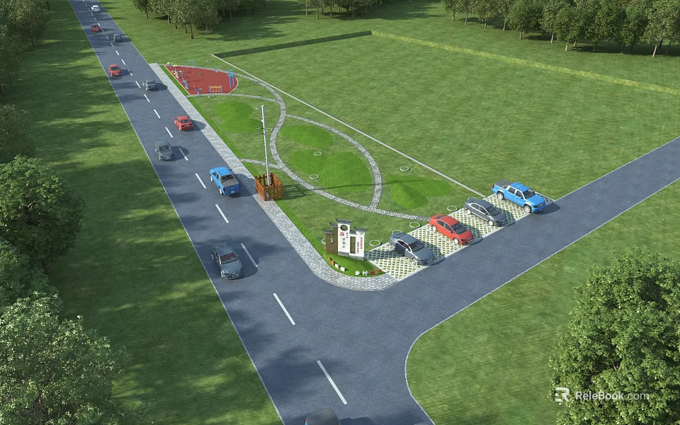 Municipal Road Layout With Curved Path Green Grassland Parking Lot And Vehicles 3d model 