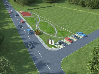 Municipal Road Layout With Curved Path Green Grassland Parking Lot And Vehicles 3d model