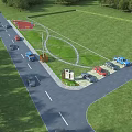 Municipal Road Layout With Curved Path Green Grassland Parking Lot And Vehicles