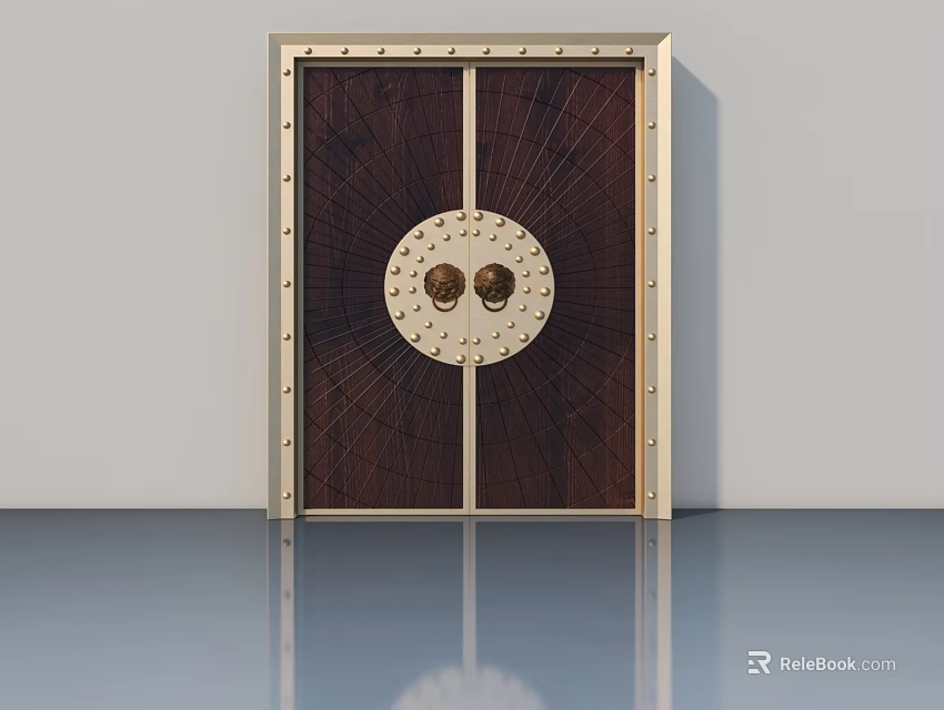 Elegant Wooden Swing Door Featuring Golden Frame And Circular Decoration Details 3d model 