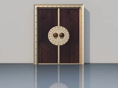 Elegant Wooden Swing Door Featuring Golden Frame And Circular Decoration Details 3d model