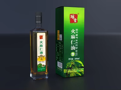 Hemp Seed Oil Product With Transparent Bottle And Green Packaging Box 250ml 3d model