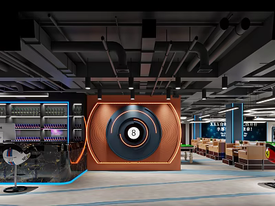 Modern Billiards Hall Interior Design With 8 Ball Decor And Layout 3d model