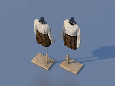 White Tops And Brown Plaid Skirts On Mannequins With Light Blue Background And Light Bases 3d model