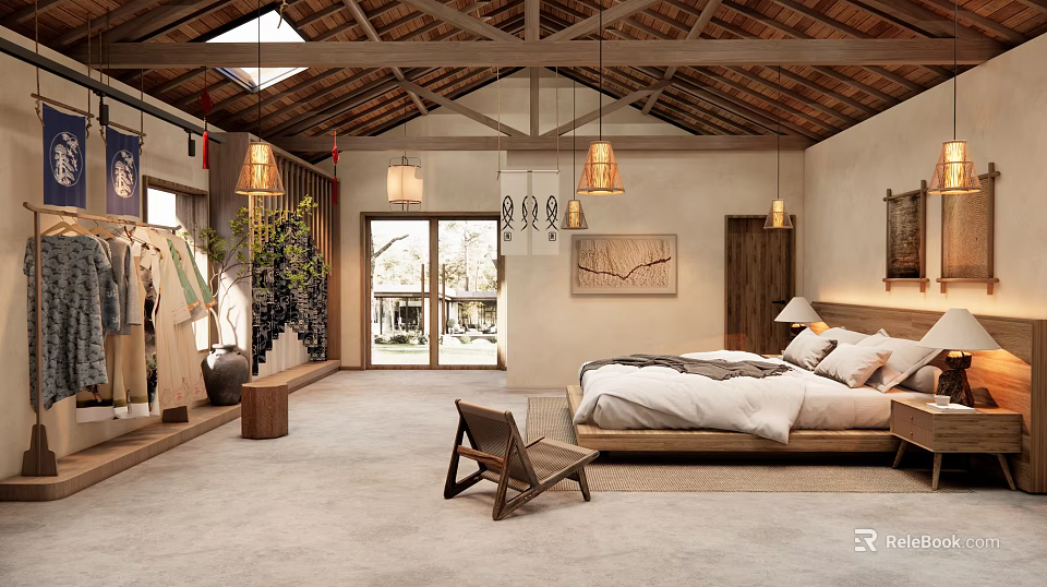 Hotel Guest Room With Wooden Ceiling Hanging Lights Bed Wooden Chair And Large Windows 3d model 