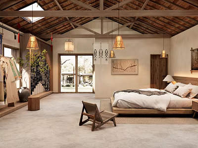 Hotel Guest Room With Wooden Ceiling Hanging Lights Bed Wooden Chair And Large Windows 3d model