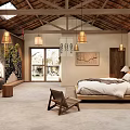 Hotel Guest Room With Wooden Ceiling Hanging Lights Bed Wooden Chair And Large Windows