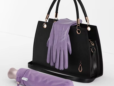 Stylish Black Handbag Design with Purple Gloves and Umbrella as Fashion Accessories 3d model