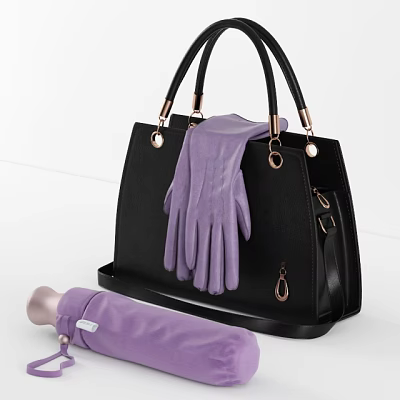 Stylish Black Handbag Design with Purple Gloves and Umbrella as Fashion Accessories 3d model