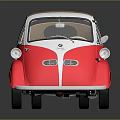 Classic Retro Compact Car Red White Body With Brown Soft Top Round Headlights