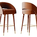 Elegant Brown Velvet Bar Stools With Curved Backrest Wooden Legs And Golden Accents