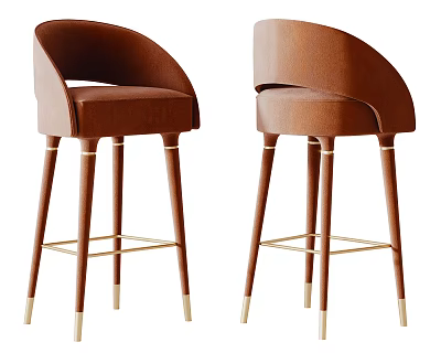 Elegant Brown Velvet Bar Stools With Curved Backrest Wooden Legs And Golden Accents 3d model