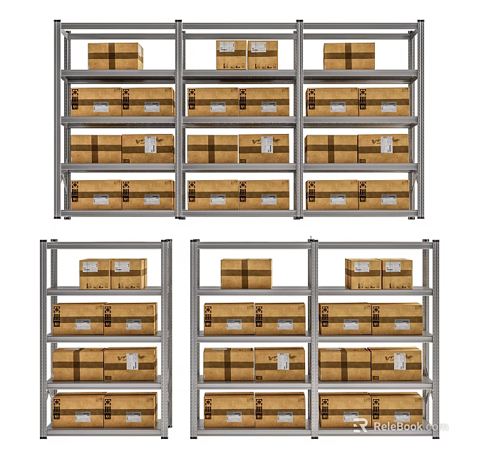 Durable Metal Display Shelving Units with Organized Stacked Cardboard Boxes for Retail Storage 3d model 