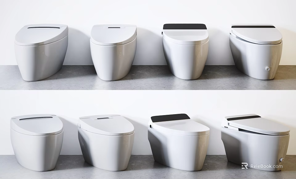 Various styles of toilets with black and white lids displayed in neat arrangement 3d model 