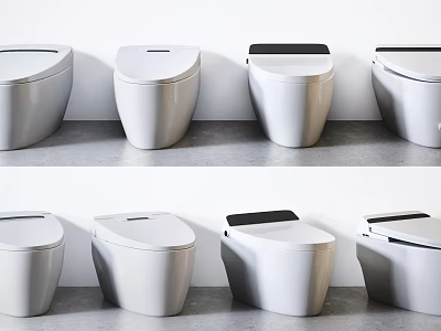 Various styles of toilets with black and white lids displayed in neat arrangement 3d model