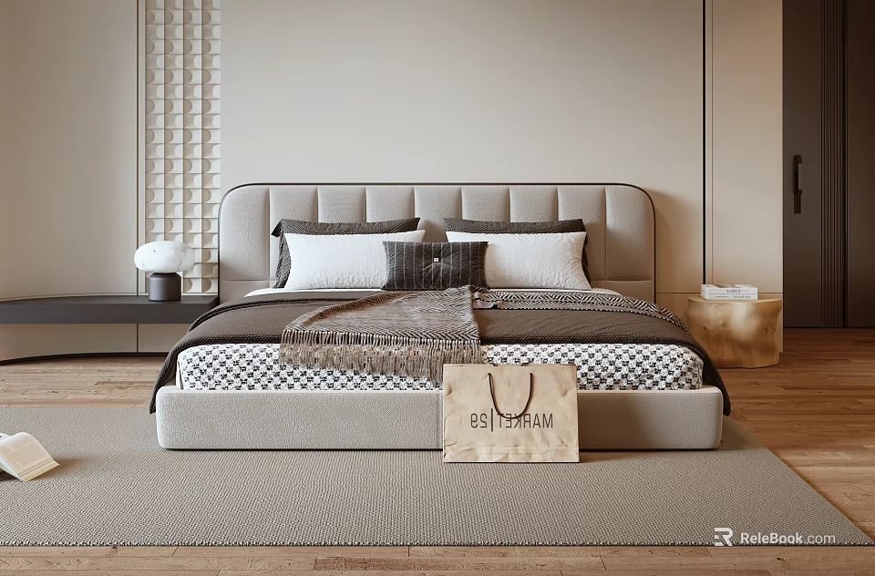 Modern Double Bed with Light Gray Headboard White Pillows Checked Blanket on Wooden Floor Rug 3d model 