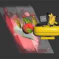Pikachu Doll Sitting On Yellow Game Console With Red Splash Background Leaves And Berries