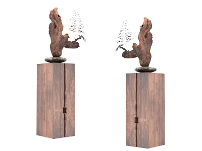 Decorative Wooden Pillars With Driftwood Sculptures And Water Features 3d model