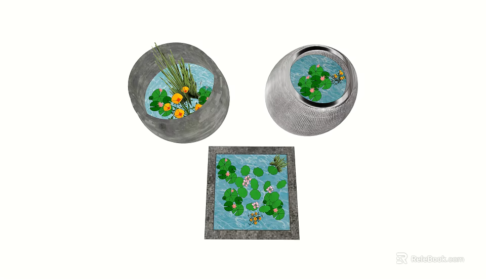 Decorative Indoor Aquarium Fish Tanks With Round Square Shapes Green Plants And Yellow Flowers 3d model 