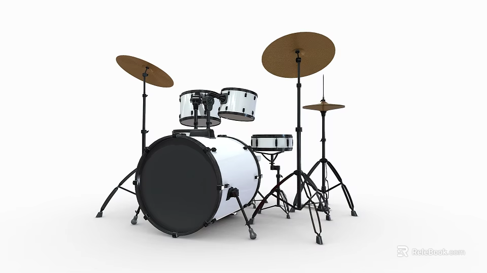 White And Black Drum Set With Cymbals Stands For Musical Performance 3d model 