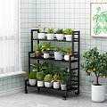 Elegant Garden Decor With Black Multi Tiered Plant Shelf Potted Plants And Green Plant Painting