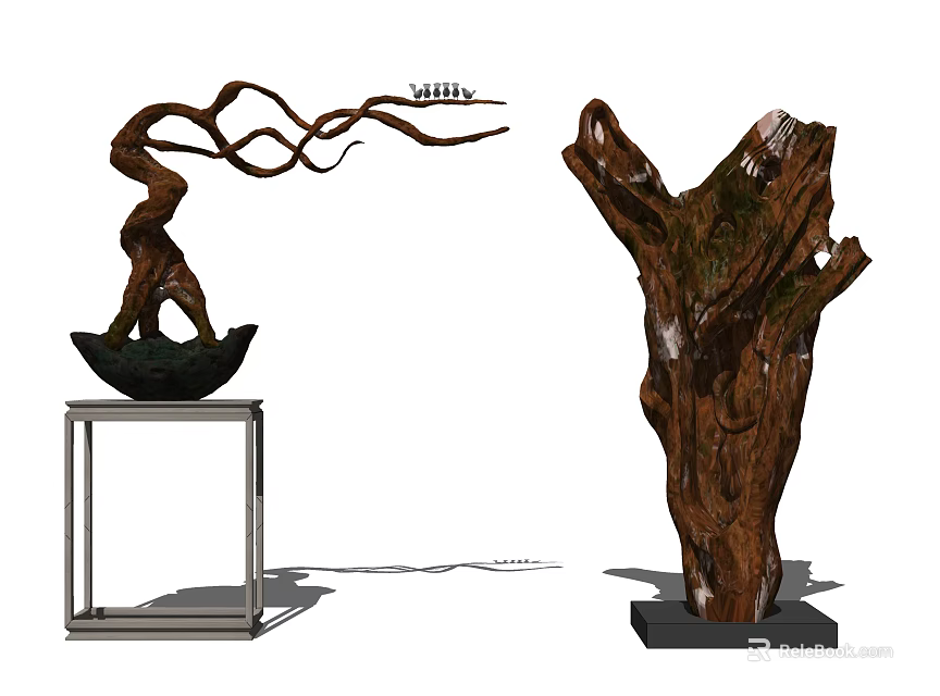 Artistic Wooden Sculptures With Twisted Branches Tree Stump And Natural Texture 3d model 