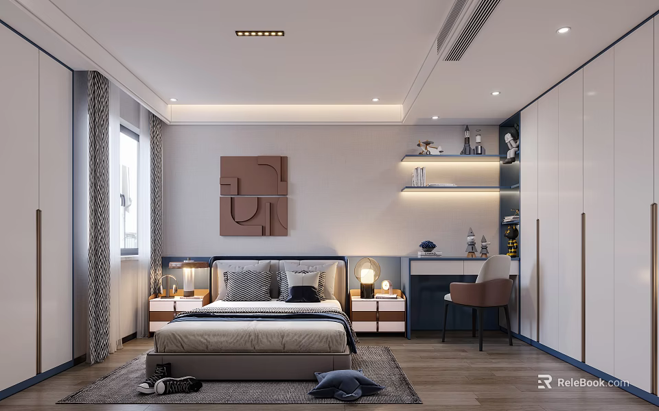 Modern Kids Bedroom With Cozy Bed Study Desk And Wardrobe 3d model 