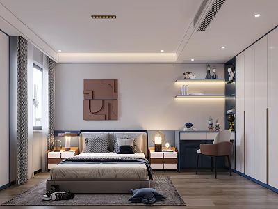 Modern Kids Bedroom With Cozy Bed Study Desk And Wardrobe 3d model