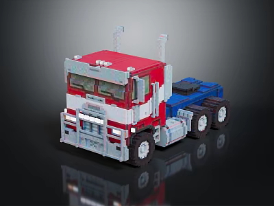 Lego Style Red And Blue Truck Model With Cab Trailer And Wheels 3d model
