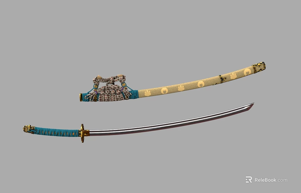 Traditional Japanese Katana Swords with Blue Gold Handle Yellow Sheath and Ornamental Details 3d model 