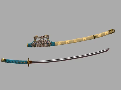 Traditional Japanese Katana Swords with Blue Gold Handle Yellow Sheath and Ornamental Details 3d model